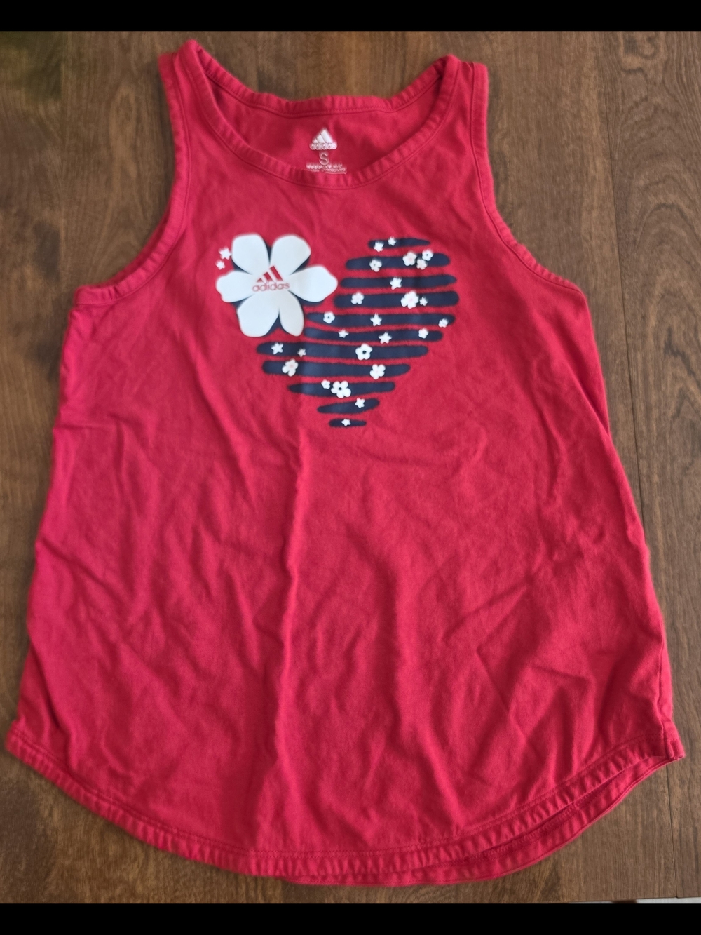 Adidas Girls Red Tank Top with Navy Striped Heart‎ & White Flower